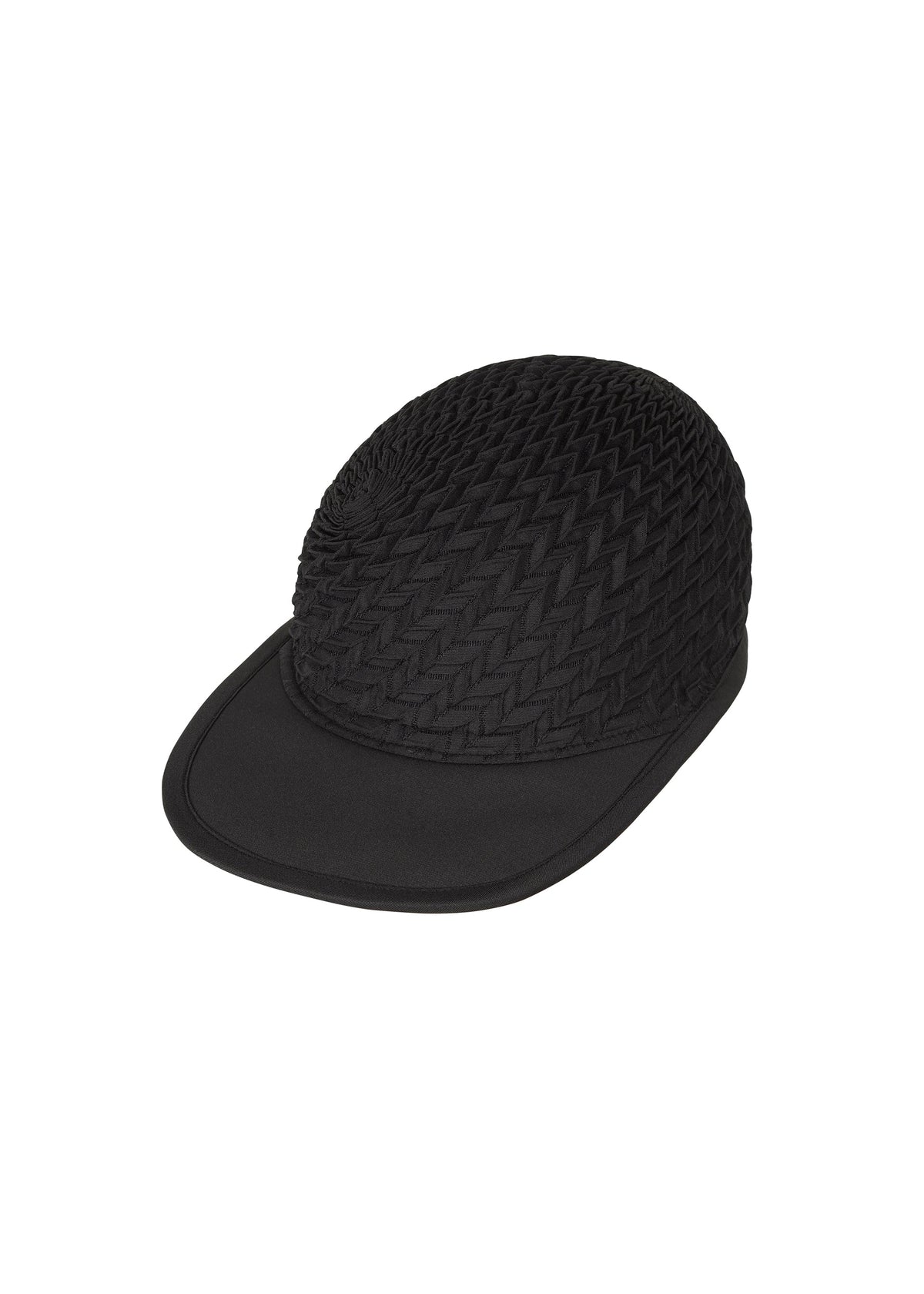 Zoomed view The TYPE-O CAP by A-POC ABLE ISSEY MIYAKE is a black adjustable hat featuring a textured woven dome and a smooth, curved brim, displayed against a plain white background. - BLACK （no.15）