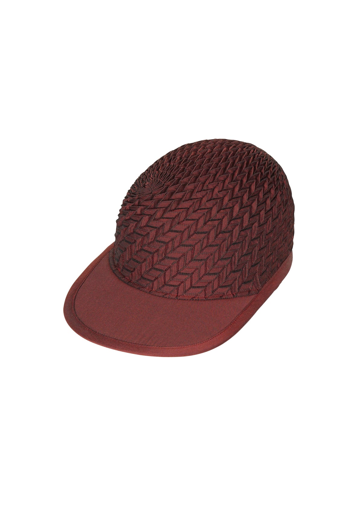 Zoomed view The TYPE-O CAP by A-POC ABLE ISSEY MIYAKE is a maroon, geometric pleated hat with a textured woven top and smooth brim, shown on a white background. Adjustable for style and comfort. - RED （no.24）
