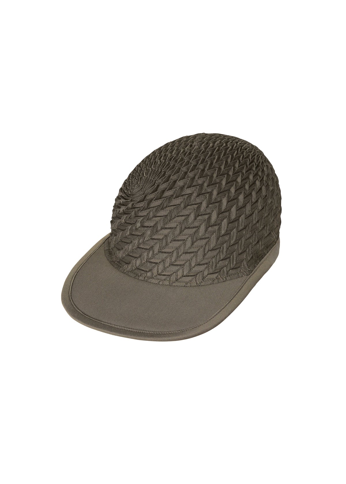 Zoomed view The TYPE-O CAP by A-POC ABLE ISSEY MIYAKE features a textured, dark olive green basket-woven dome and a smooth rounded brim, shown against a white background. - KHAKI （no.65）