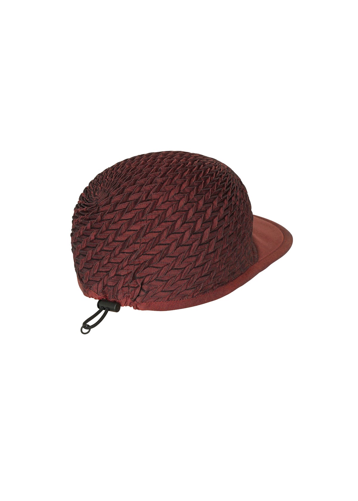 The TYPE-O CAP by A-POC ABLE ISSEY MIYAKE is a maroon geometric pleated cap with a woven-texture dome, short brim, and an adjustable drawstring at the back. view 4 of 16
