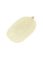 The TYPE-O CAP by A-POC ABLE ISSEY MIYAKE is a cream-colored oval accessory featuring intricate geometric pleats and a small metal clasp, resembling a decorative pouch or case.