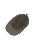 The TYPE-O CAP by A-POC ABLE ISSEY MIYAKE is a flat, olive green, oval cap with a geometric pleated pattern and black clip, shown on a white background.