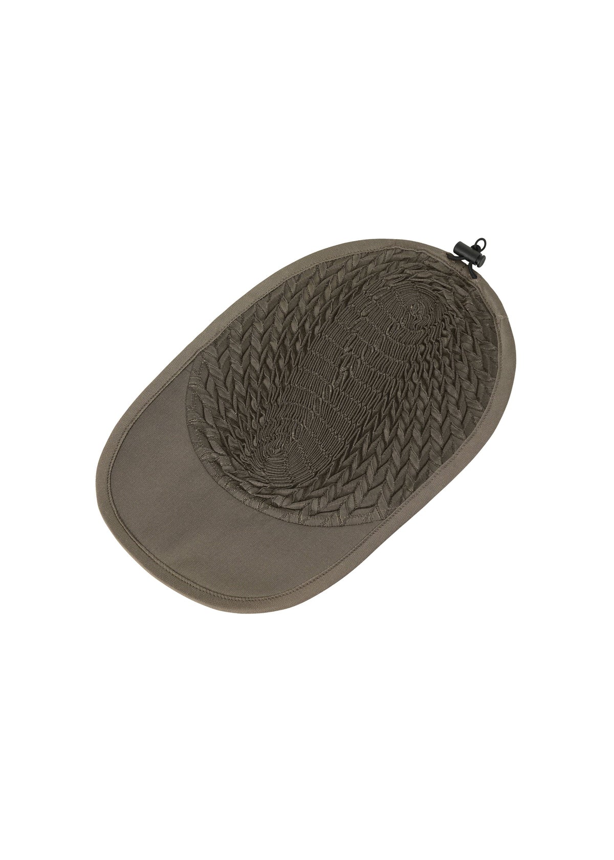 Zoomed view The TYPE-O CAP by A-POC ABLE ISSEY MIYAKE is a flat, olive green, oval cap with a geometric pleated pattern and black clip, shown on a white background.