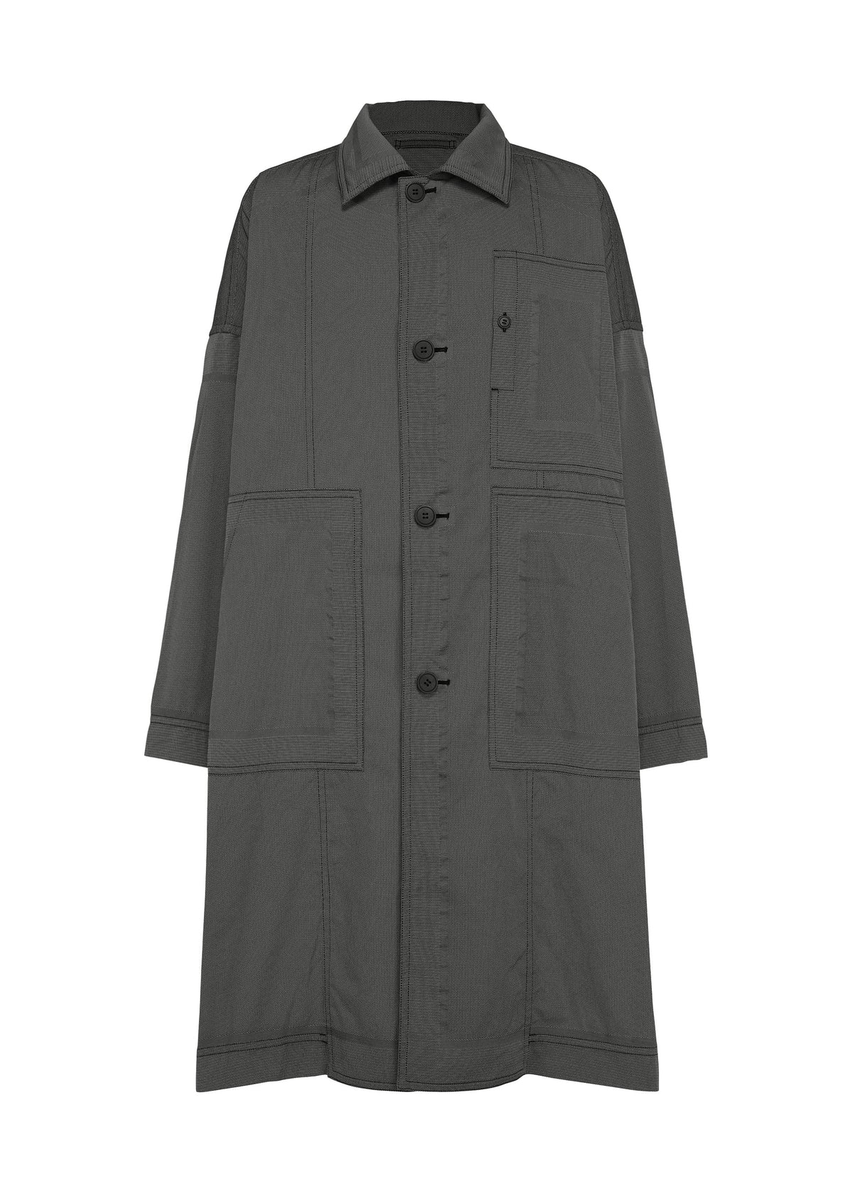 A-POC ABLE ISSEY MIYAKE’s TYPE-U 001-1 is a long, dark gray button-up coat crafted from shape-memory fabric. It features a pointed collar, an oversized, loose fit, large patch pockets on the front, a chest pocket with flap, adjustable cuffs, and prominent seam detailing throughout. view 1 of 10