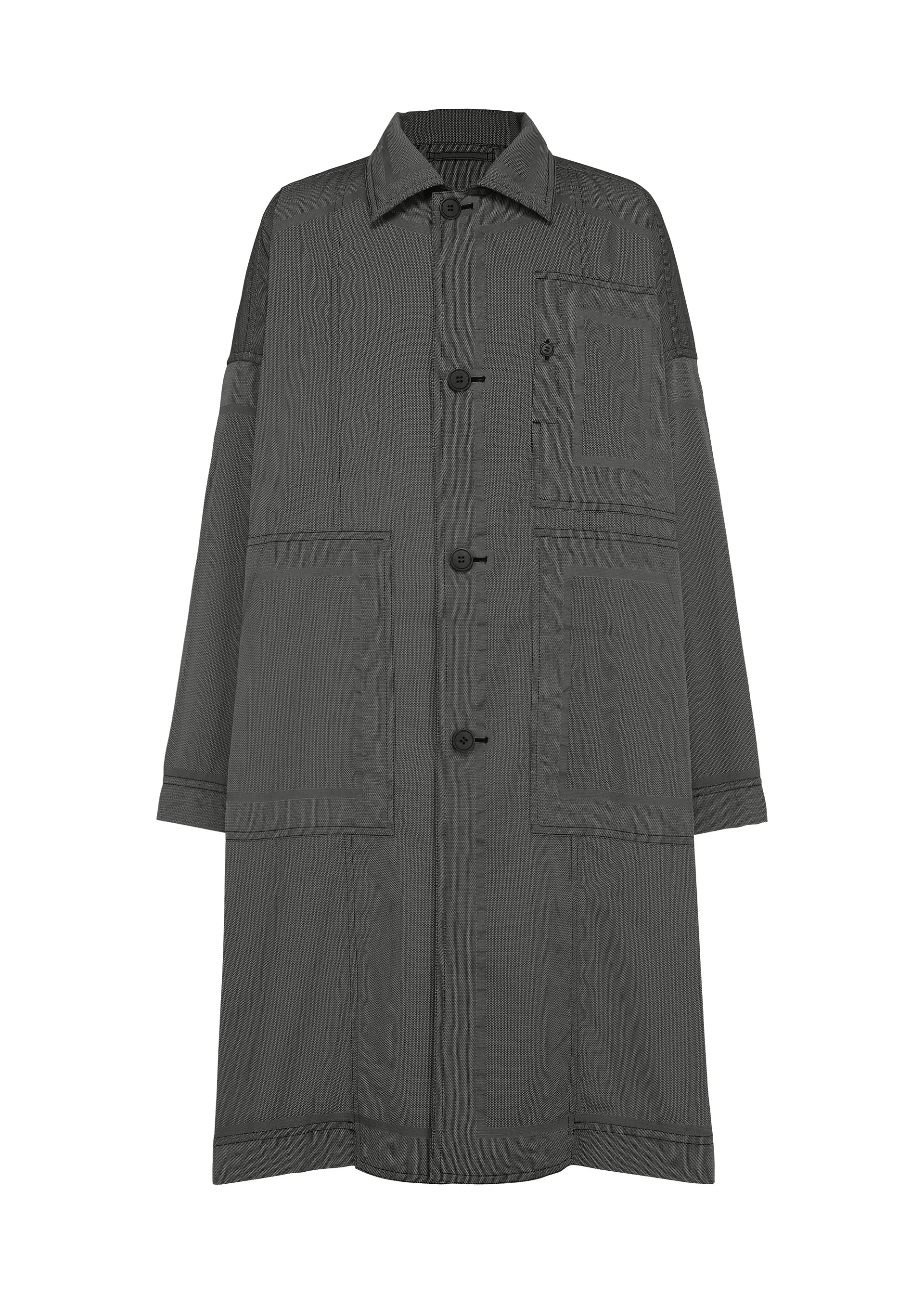 Zoomed view A-POC ABLE ISSEY MIYAKE’s TYPE-U 001-1 is a long, dark gray button-up coat crafted from shape-memory fabric. It features a pointed collar, an oversized, loose fit, large patch pockets on the front, a chest pocket with flap, adjustable cuffs, and prominent seam detailing throughout. - DARK GRAY （no.14）