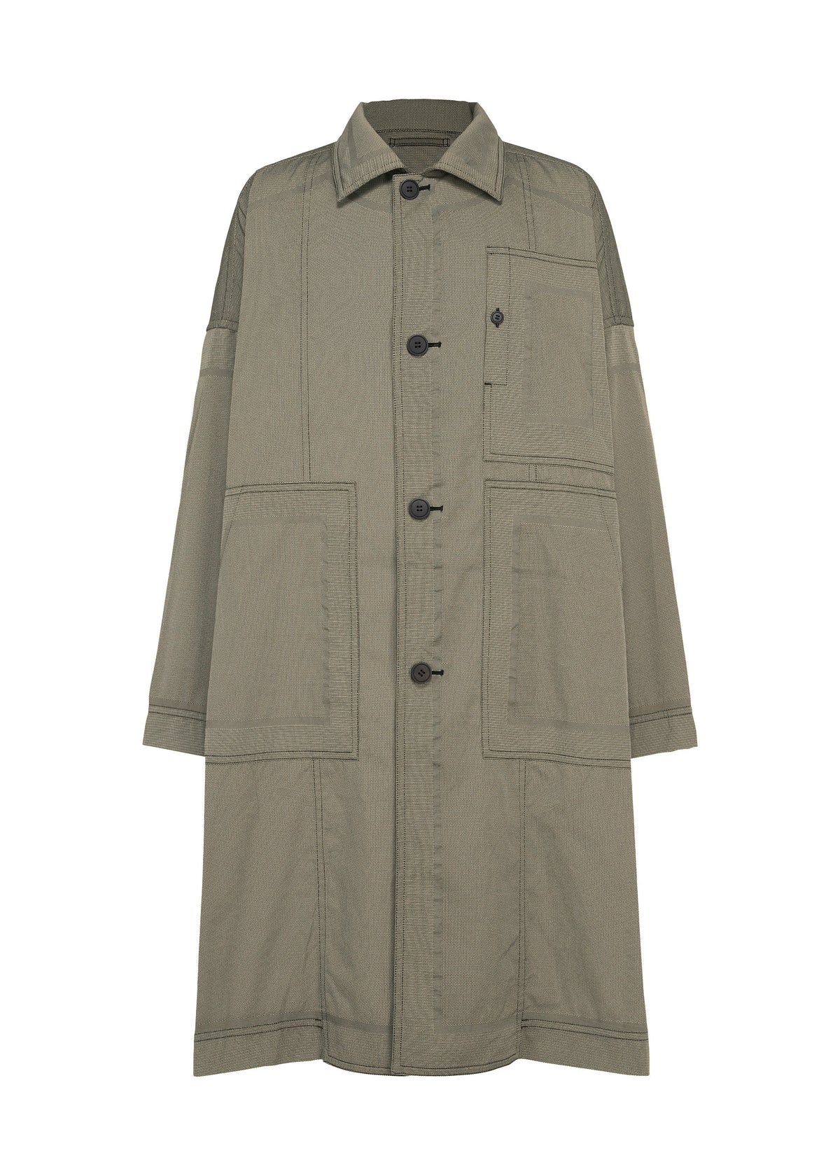 Introducing the TYPE-U 001-1 by A-POC ABLE ISSEY MIYAKE: a long, olive green button-up coat with a collar, three spacious front pockets, and an additional chest pocket. This relaxed-fit coat features adjustable cuffs and visible seam stitching for a utilitarian aesthetic. Crafted from wrinkle-resistant fabric, it offers effortless wear for everyday use. view 2 of 10