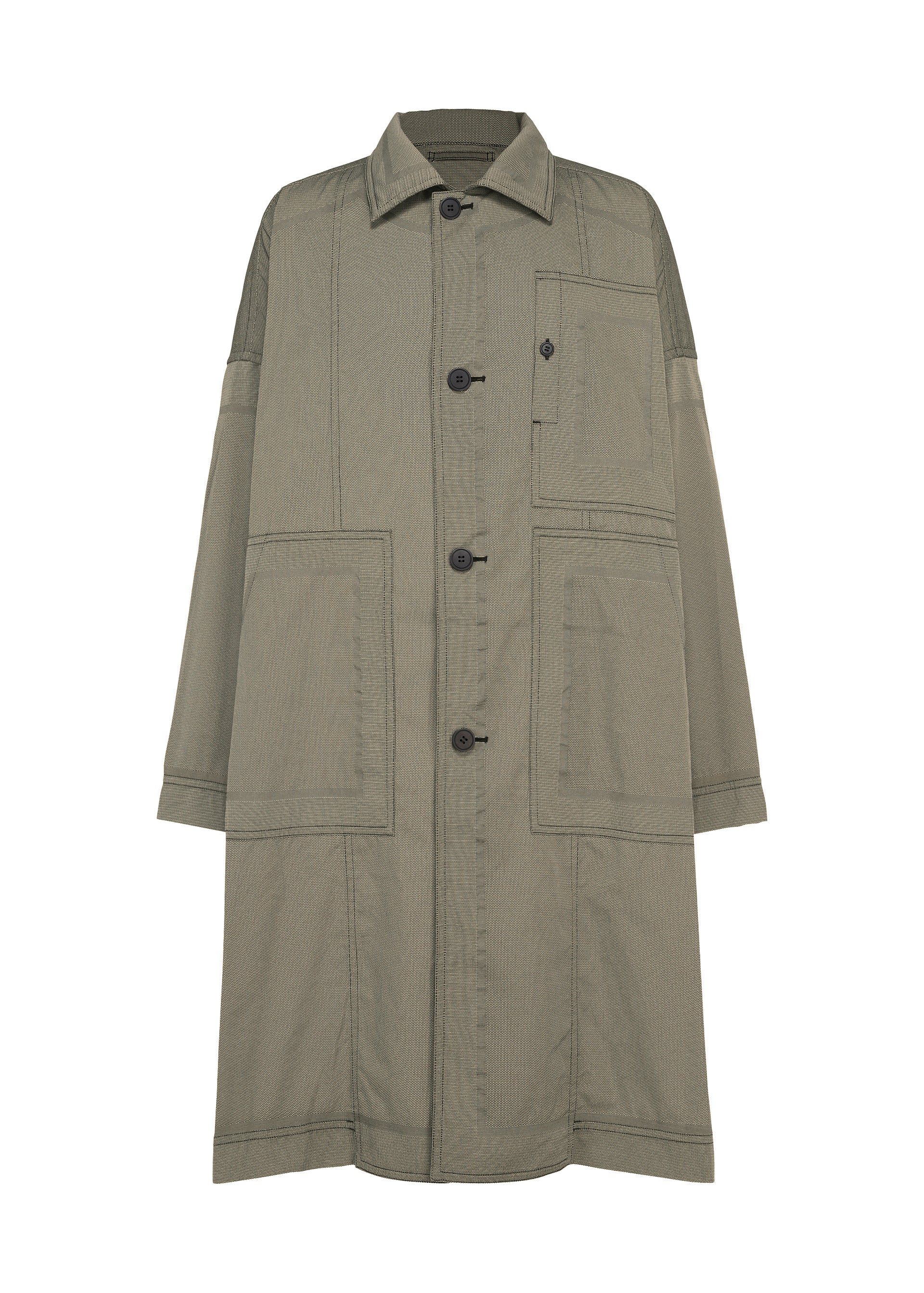 Zoomed view Introducing the TYPE-U 001-1 by A-POC ABLE ISSEY MIYAKE: a long, olive green button-up coat with a collar, three spacious front pockets, and an additional chest pocket. This relaxed-fit coat features adjustable cuffs and visible seam stitching for a utilitarian aesthetic. Crafted from wrinkle-resistant fabric, it offers effortless wear for everyday use. - DARK BEIGE （no.42）