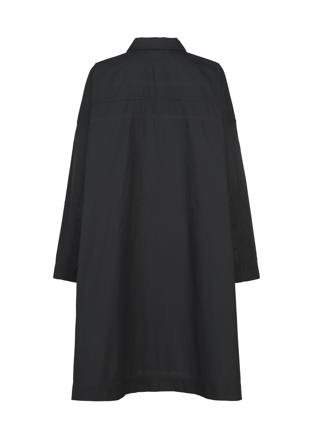 The TYPE-U 001-1 by A-POC ABLE ISSEY MIYAKE is displayed from the back, showcasing its long sleeves, knee-length cut, straight silhouette, classic collar, and adjustable cuffs for a customizable fit. view 3 of 10