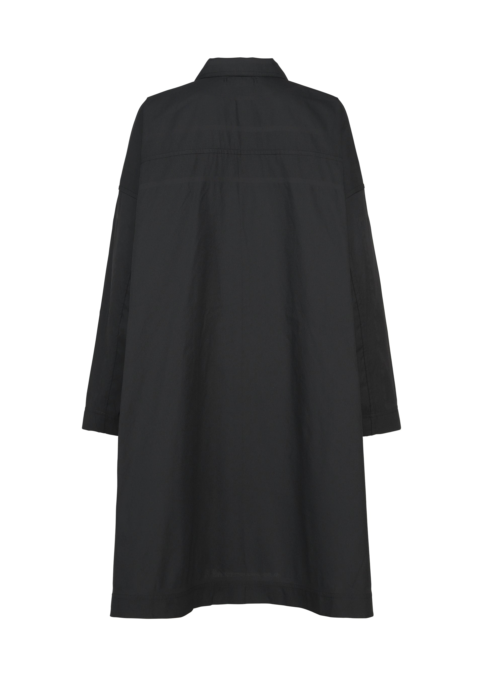 Zoomed view The TYPE-U 001-1 by A-POC ABLE ISSEY MIYAKE is displayed from the back, showcasing its long sleeves, knee-length cut, straight silhouette, classic collar, and adjustable cuffs for a customizable fit.