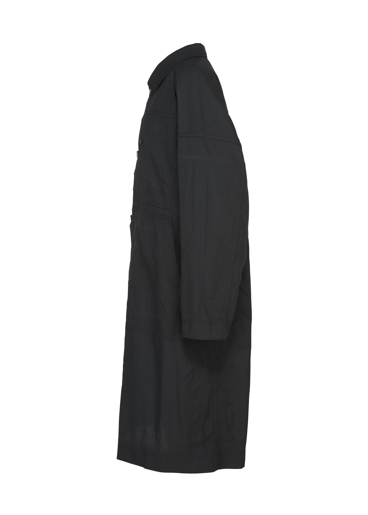 The TYPE-U 001-1 coat by A-POC ABLE ISSEY MIYAKE is a long black shape-memory design with button details, displayed in a side view against a plain white background. It features a collar, long sleeves with adjustable cuffs, and a straight silhouette. view 4 of 10