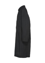 The TYPE-U 001-1 coat by A-POC ABLE ISSEY MIYAKE is a long black shape-memory design with button details, displayed in a side view against a plain white background. It features a collar, long sleeves with adjustable cuffs, and a straight silhouette.