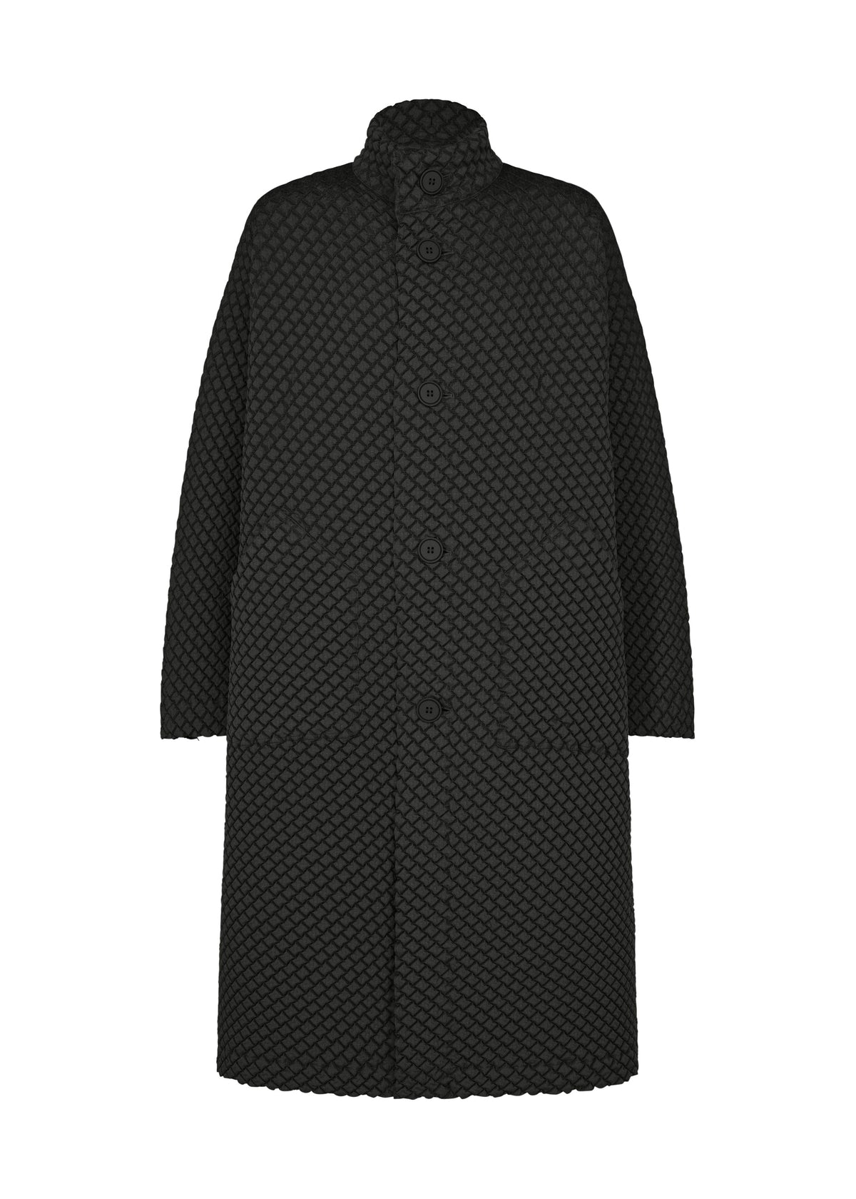 Zoomed view TYPE-O 024 by A-POC ABLE ISSEY MIYAKE: a long black double-weave coat with a raised circular texture, buttoned front, and side pockets, shown against a white background. - BLACK （no.15）