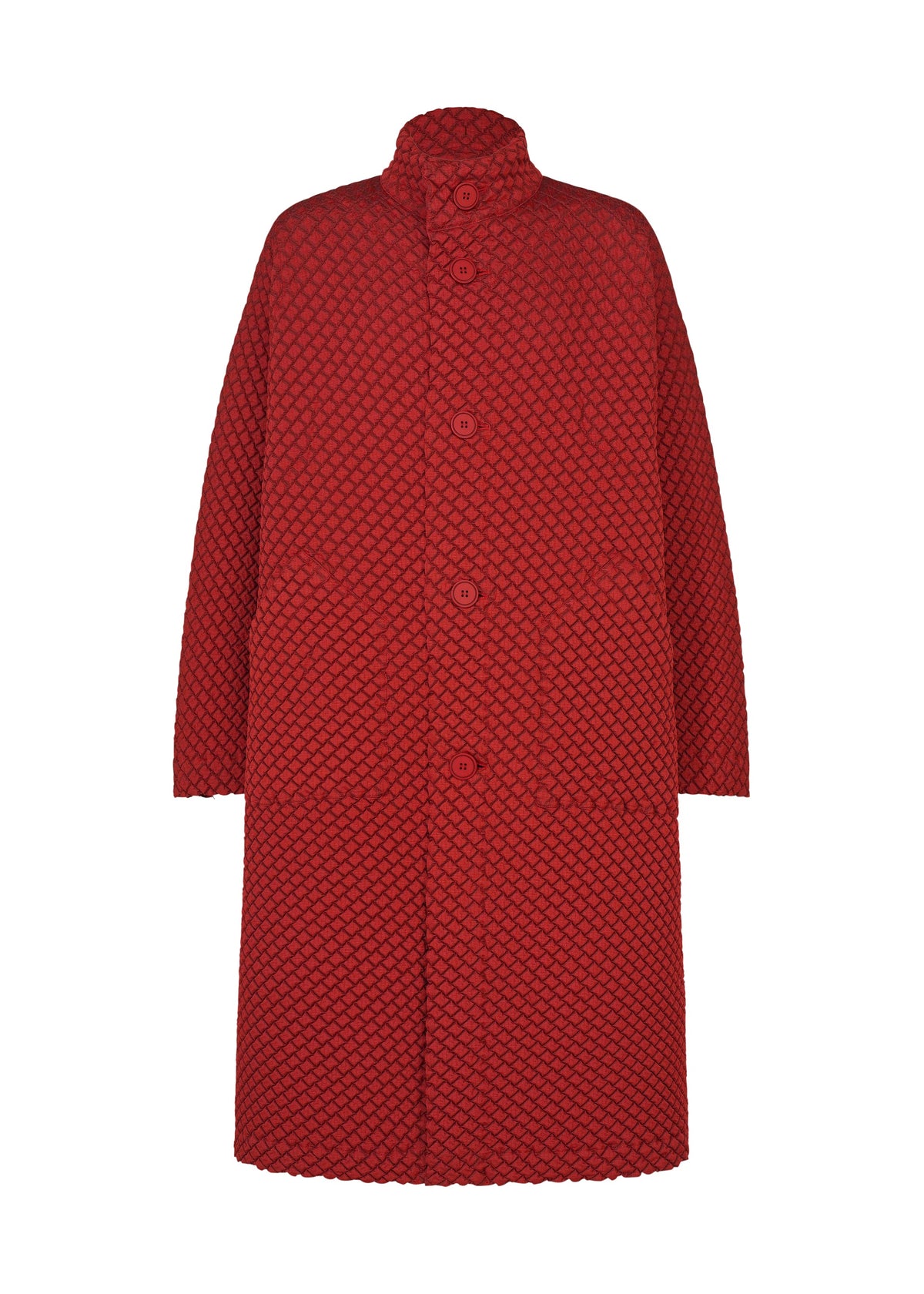 Zoomed view TYPE-O 024 by A-POC ABLE ISSEY MIYAKE: a long red coat featuring diamond-patterned double-weave fabric, large front buttons, side pockets, and a high collar. - RED （no.24）