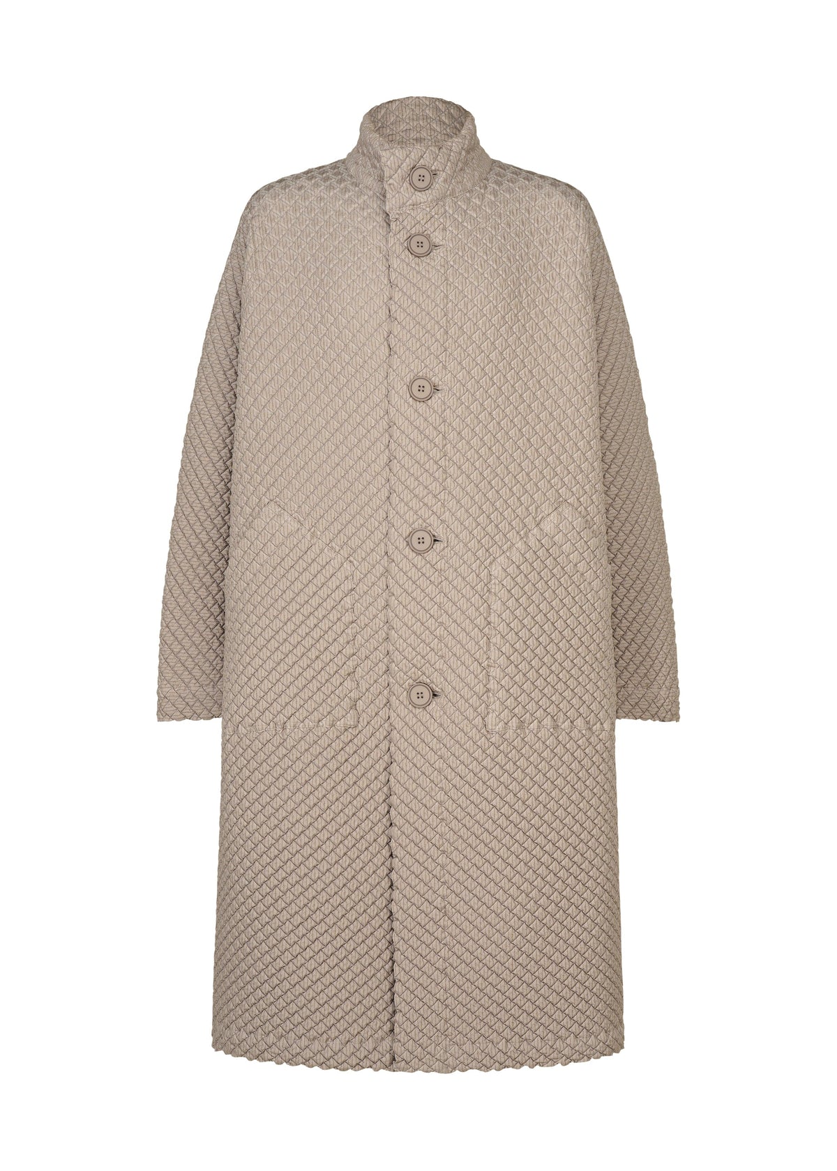 TYPE-O 024 by A-POC ABLE ISSEY MIYAKE: a long beige textured coat with high collar, large buttons, pleat shapes, and two front pockets in double-weave fabric, shown on a plain white background. view 3 of 15
