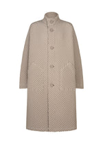 TYPE-O 024 by A-POC ABLE ISSEY MIYAKE: a long beige textured coat with high collar, large buttons, pleat shapes, and two front pockets in double-weave fabric, shown on a plain white background. - BEIGE （no.41）