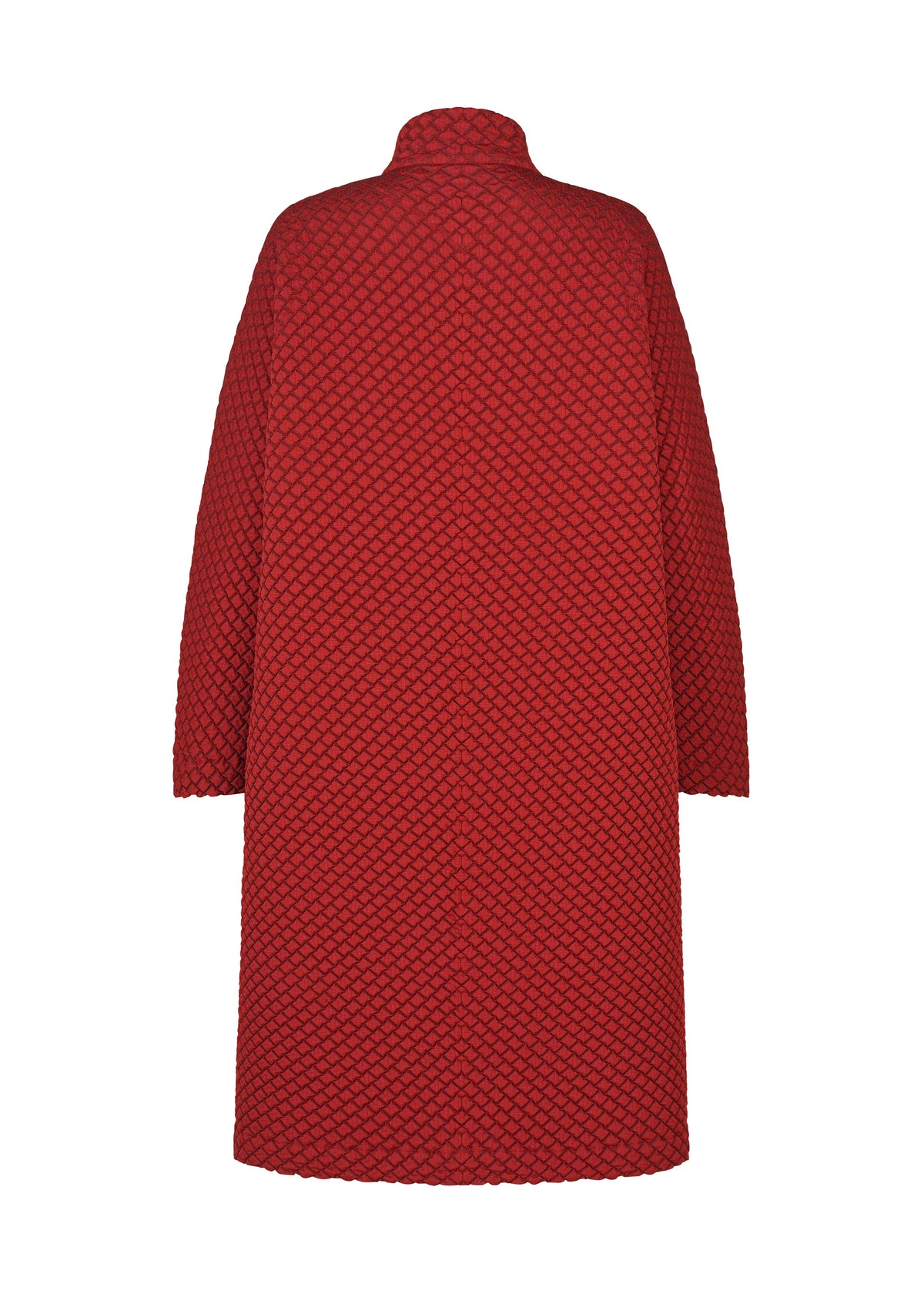 The TYPE-O 024 by A-POC ABLE ISSEY MIYAKE is a long red double-weave coat with a subtle geometric texture, high collar, and straight, loose sleeves, shown from the back. view 4 of 15