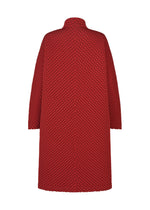 The TYPE-O 024 by A-POC ABLE ISSEY MIYAKE is a long red double-weave coat with a subtle geometric texture, high collar, and straight, loose sleeves, shown from the back.