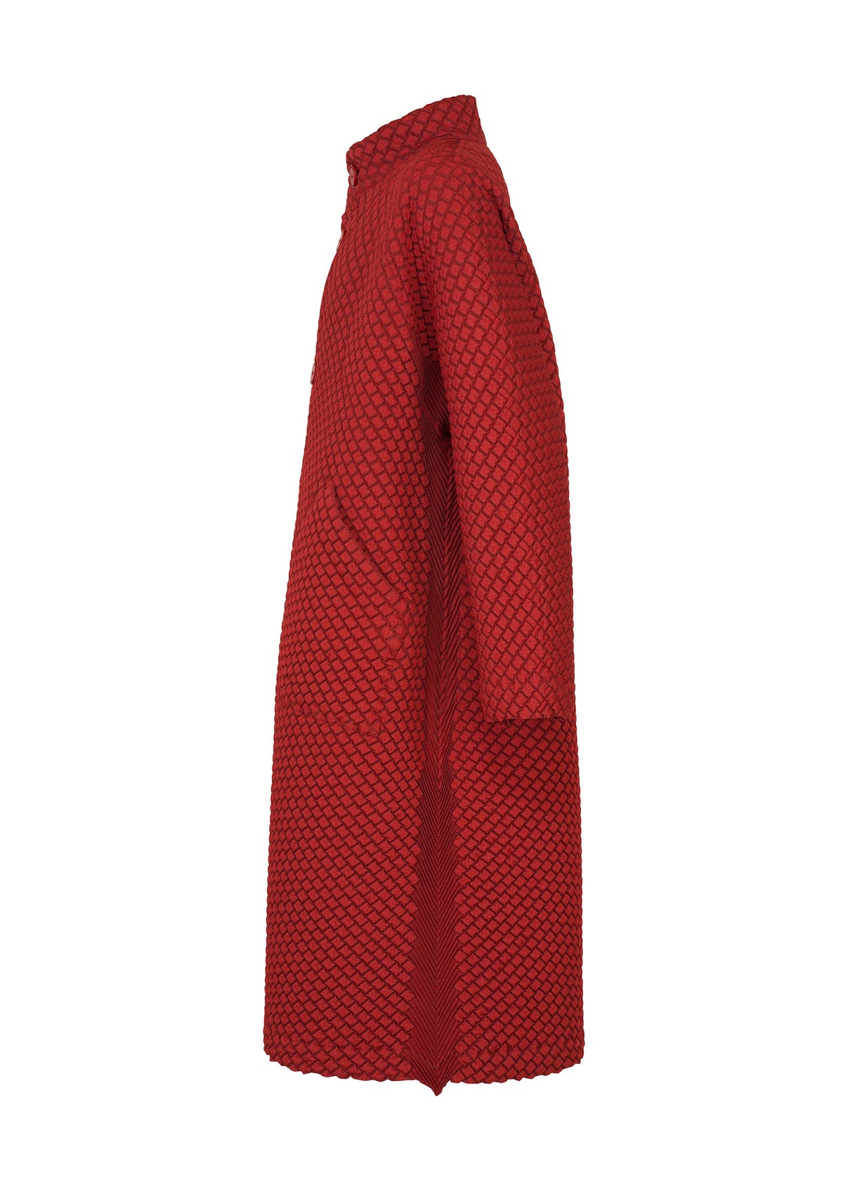 TYPE-O 024 by A-POC ABLE ISSEY MIYAKE: a long red double-weave textured coat with diamond pattern, shown standing upright in side view against a white background. view 5 of 15