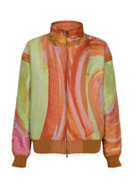 001 TYPE-XVI Etsu Egami project zip-up bomber jacket from A-POC ABLE ISSEY MIYAKE, featuring a swirled, painterly pattern in orange, green, and pink with solid brown rib-knit trim at the collar, cuffs, and hem. - ORANGE-HUED （no.36）