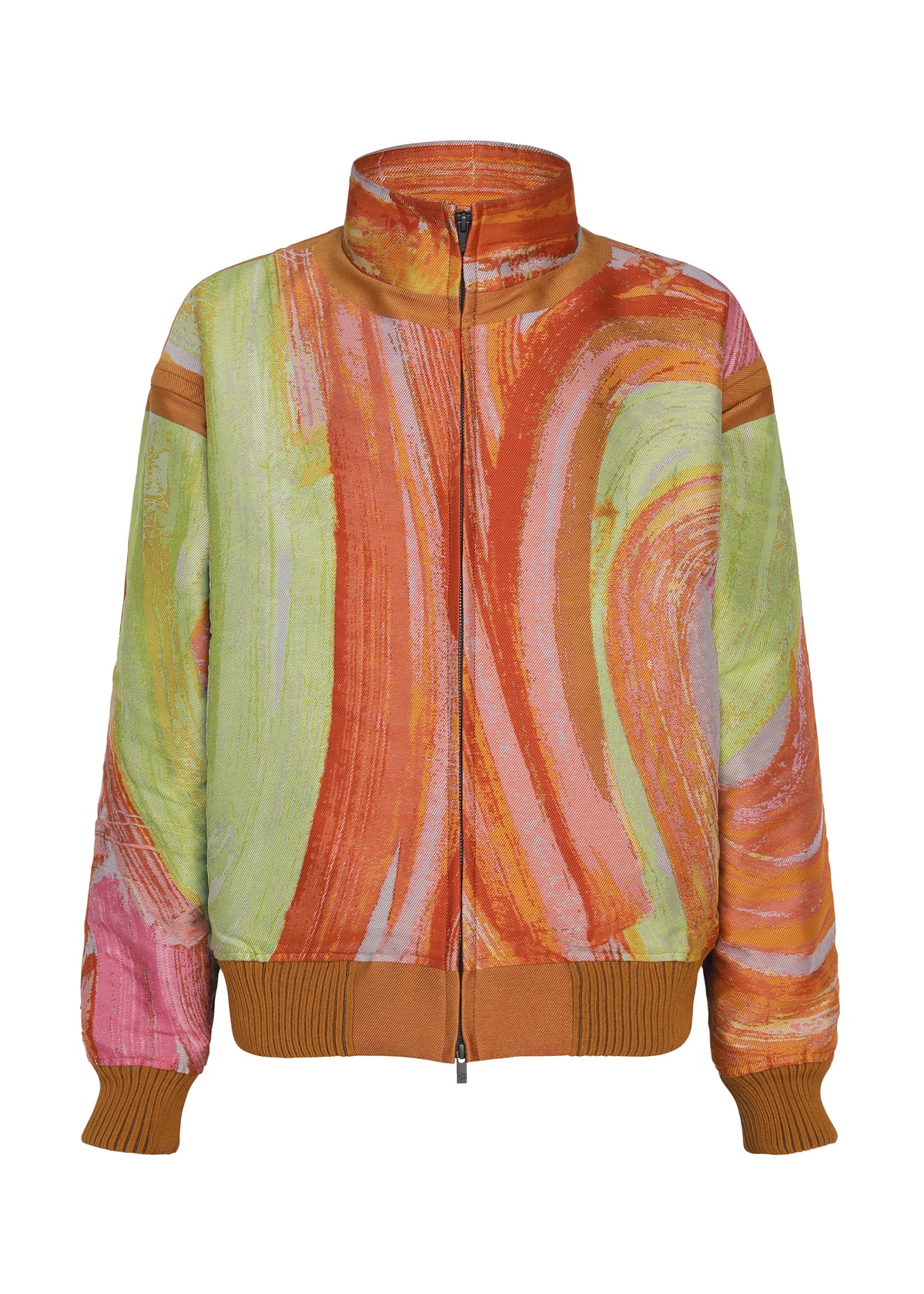 Zoomed view 001 TYPE-XVI Etsu Egami project zip-up bomber jacket from A-POC ABLE ISSEY MIYAKE, featuring a swirled, painterly pattern in orange, green, and pink with solid brown rib-knit trim at the collar, cuffs, and hem. - ORANGE-HUED （no.36）