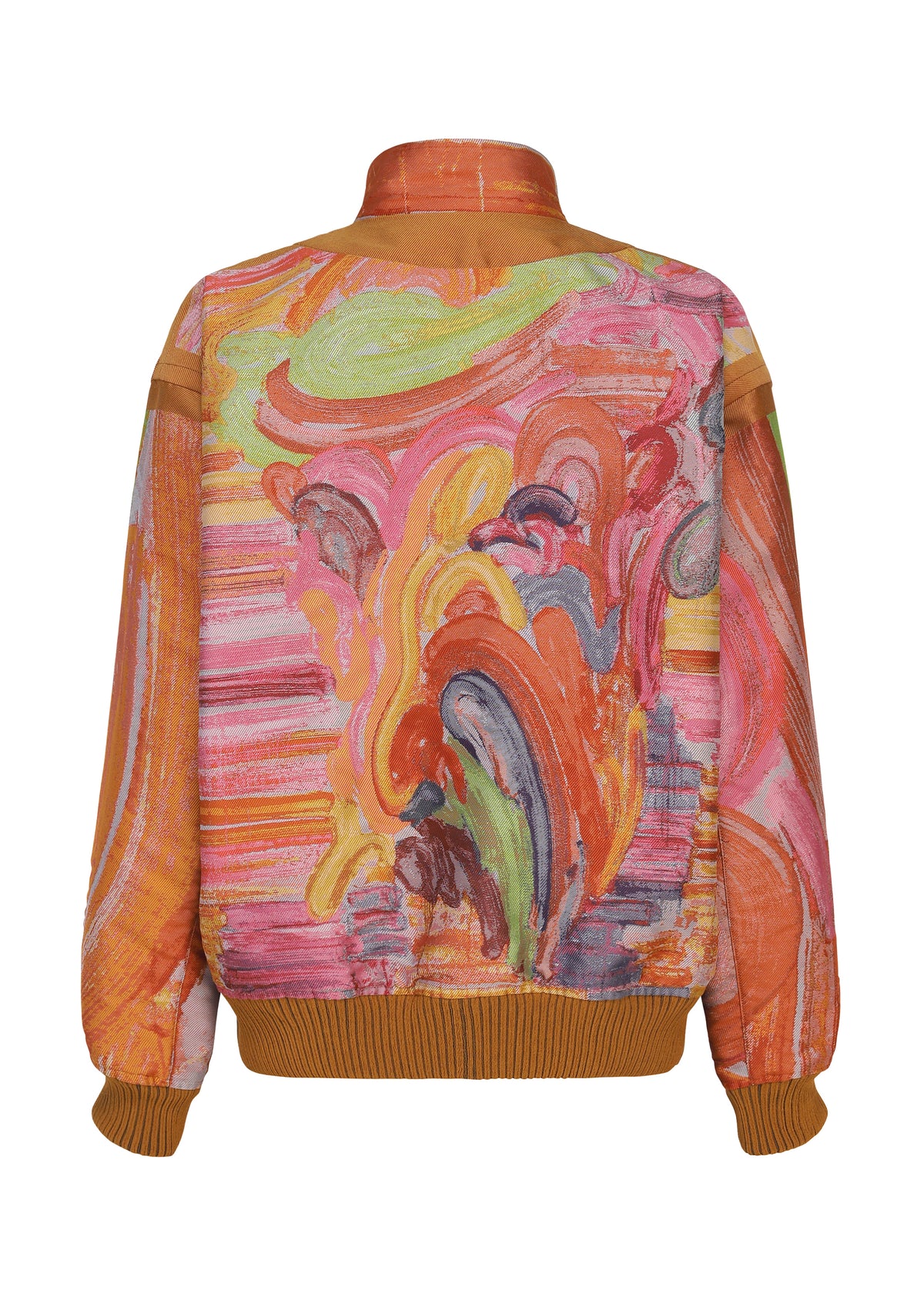 Back view of a 001 TYPE-XVI Etsu Egami project bomber jacket by A-POC ABLE ISSEY MIYAKE, featuring an abstract, multi-colored painterly print with a solid brown ribbed collar, hem, and cuffs. view 2 of 7
