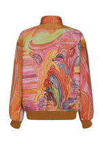 Back view of a 001 TYPE-XVI Etsu Egami project bomber jacket by A-POC ABLE ISSEY MIYAKE, featuring an abstract, multi-colored painterly print with a solid brown ribbed collar, hem, and cuffs.