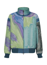 001 TYPE-XVI Etsu Egami project zip-front jacket with a high collar and a multicolored abstract painterly print in shades of green, blue, and purple. - GREEN-HUED （no.66）