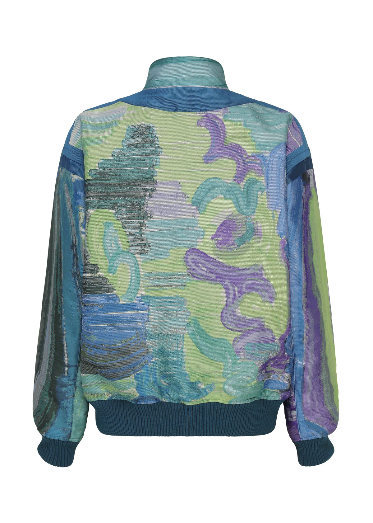 Back view of the 001 TYPE-XVI Etsu Egami project bomber jacket featuring a vibrant, abstract painterly pattern in shades of green, blue, and purple. view 5 of 7