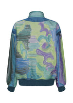 Back view of the 001 TYPE-XVI Etsu Egami project bomber jacket featuring a vibrant, abstract painterly pattern in shades of green, blue, and purple.