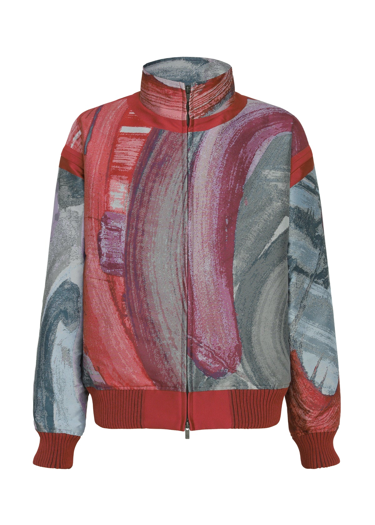 001 TYPE-XVI Etsu Egami project zip-up mock-neck jacket by A-POC ABLE ISSEY MIYAKE, featuring an abstract multi-colored brushstroke print and solid red ribbed cuffs and hem. view 6 of 7