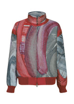 001 TYPE-XVI Etsu Egami project zip-up mock-neck jacket by A-POC ABLE ISSEY MIYAKE, featuring an abstract multi-colored brushstroke print and solid red ribbed cuffs and hem. - BORDEAUX-HUED （no.86）