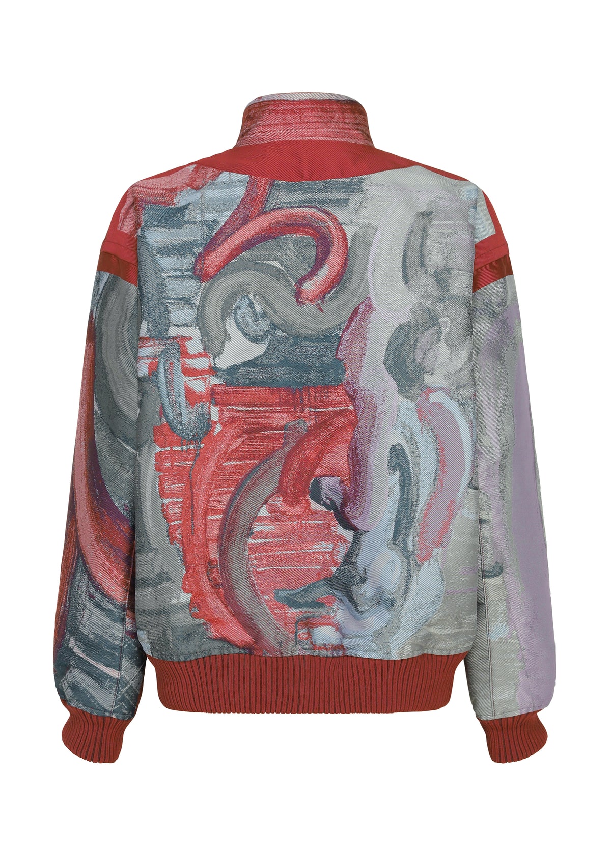 A-POC ABLE ISSEY MIYAKE 001 TYPE-XVI Etsu Egami project bomber jacket with a gray and red abstract painterly print back panel, accented by solid red trim at the collar, shoulder stripes, and ribbed cuffs and hem. view 7 of 7