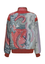 A-POC ABLE ISSEY MIYAKE 001 TYPE-XVI Etsu Egami project bomber jacket with a gray and red abstract painterly print back panel, accented by solid red trim at the collar, shoulder stripes, and ribbed cuffs and hem.
