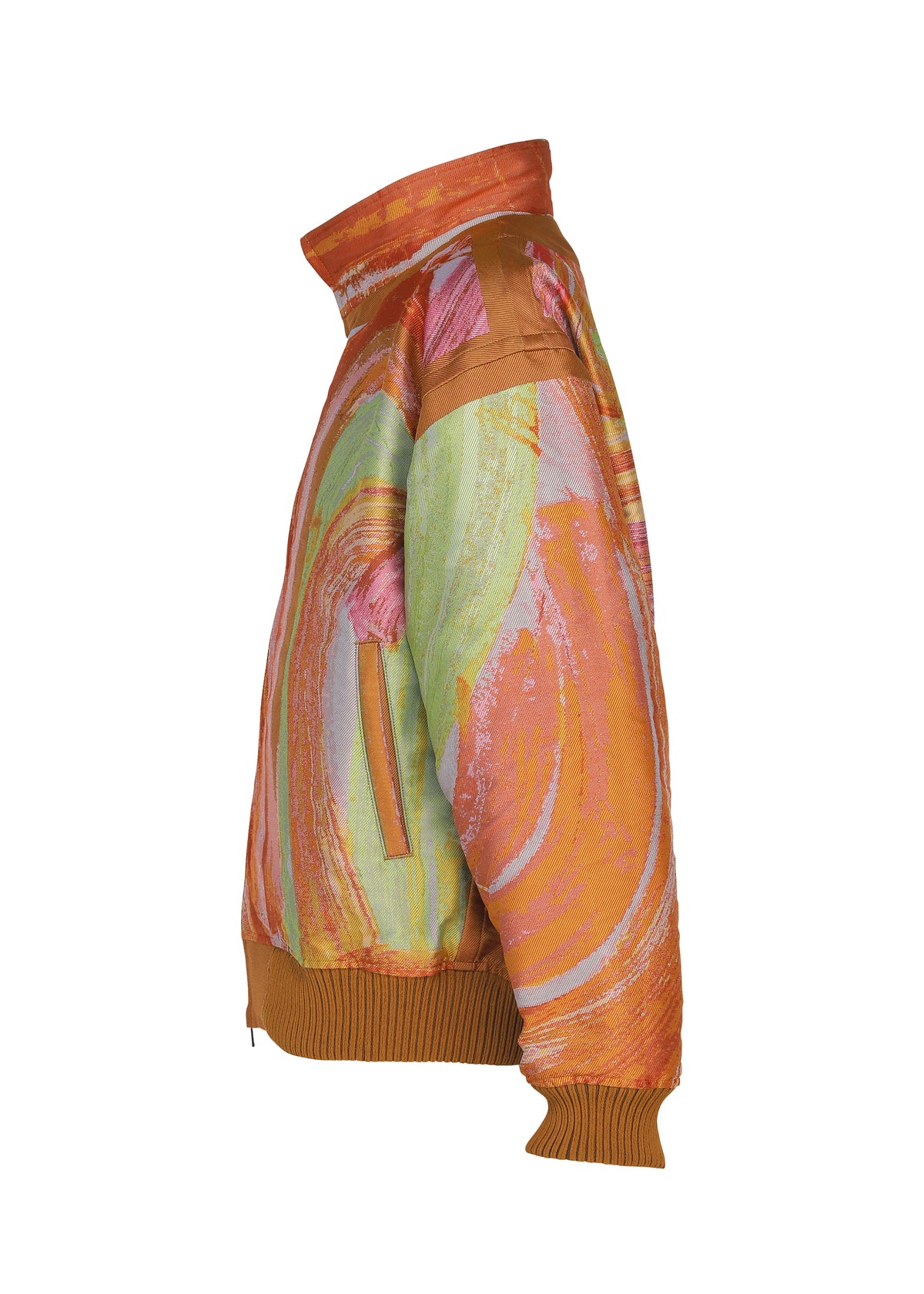 Side view of the 001 TYPE-XVI Etsu Egami project jacket by A-POC ABLE ISSEY MIYAKE, featuring a high neck, vibrant multi-colored swirl pattern, a zippered pocket, and brown ribbed cuffs and hem. view 3 of 7