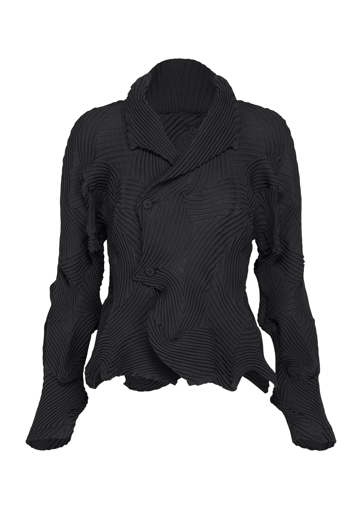 A black, long-sleeve TYPE-P 003-1 jacket by A-POC ABLE ISSEY MIYAKE, featuring an asymmetrical front design and crafted from pleated stretch material with wavy, textured fabric created using a unique pleating technique. view 1 of 4