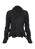 A black, long-sleeve TYPE-P 003-1 jacket by A-POC ABLE ISSEY MIYAKE, featuring an asymmetrical front design and crafted from pleated stretch material with wavy, textured fabric created using a unique pleating technique. - BLACK （no.15）