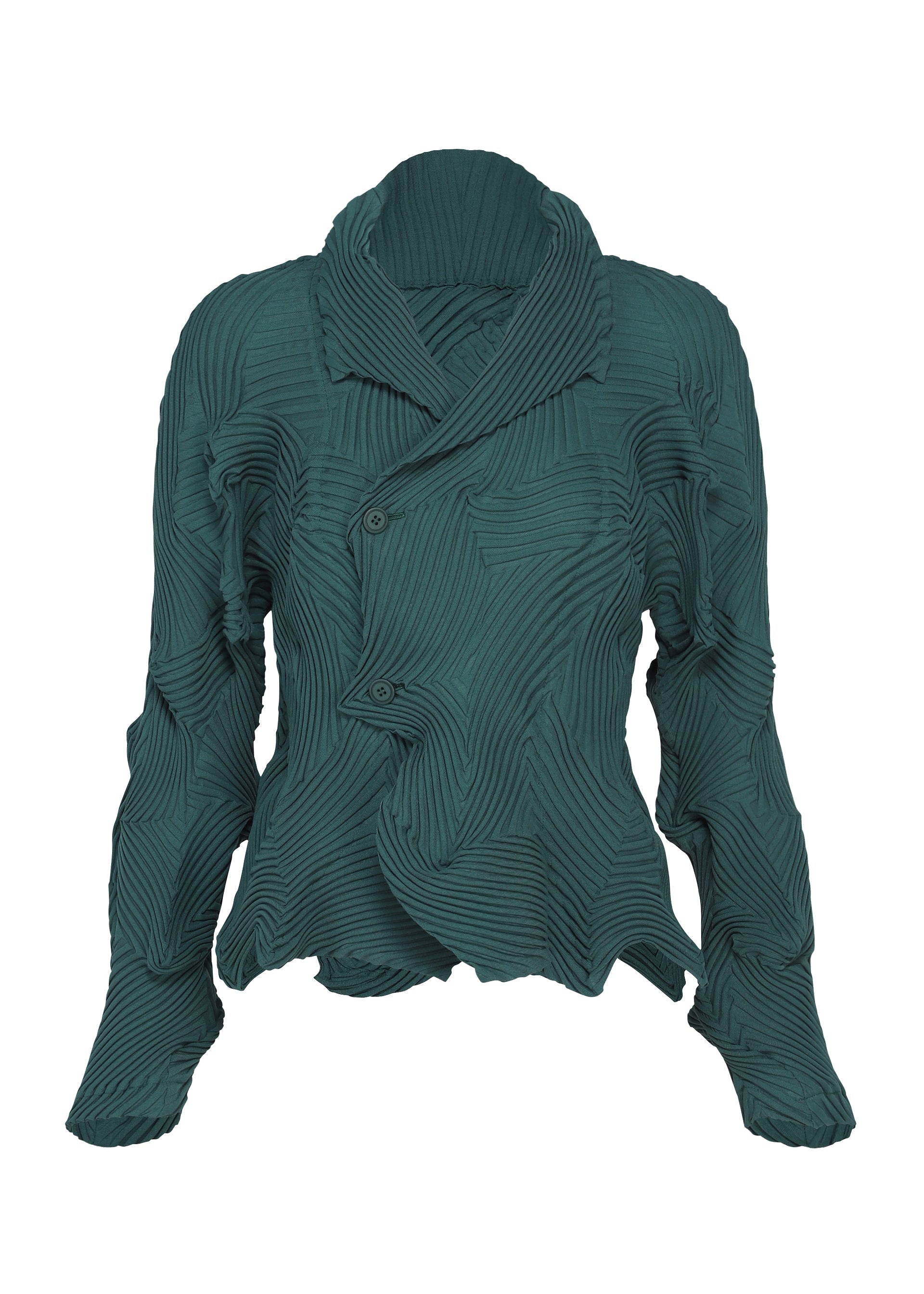 Zoomed view Dark green, long-sleeved TYPE-P 003-1 women’s jacket by A-POC ABLE ISSEY MIYAKE, featuring a distinctive rippled texture created by a unique pleating technique, with a wide collar, asymmetrical front, and two buttons. - TURQUOISE GREEN （no.60）