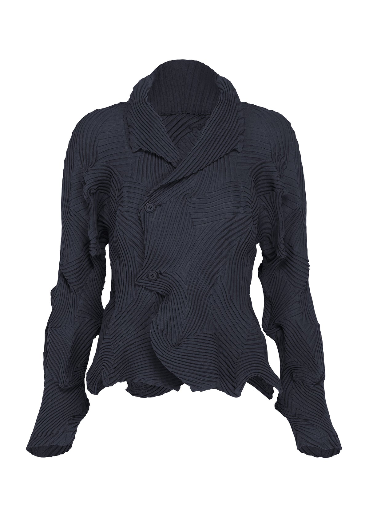 A-POC ABLE ISSEY MIYAKE’s TYPE-P 003-1 is a black, long-sleeved jacket crafted from pleated stretch material, featuring a distinctive pleating technique, an asymmetrical front closure, and sculptural wavy edges. view 3 of 4