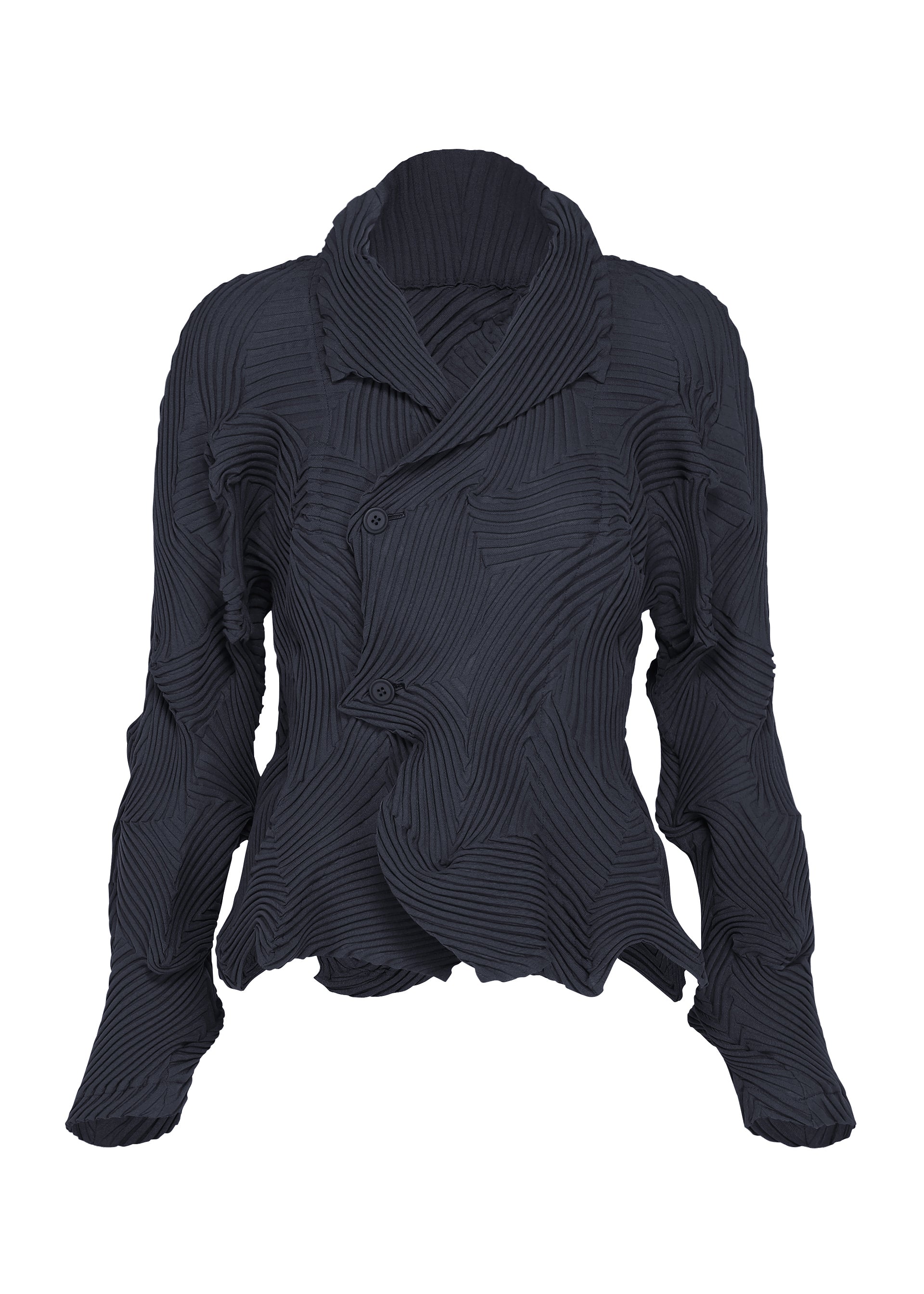 Zoomed view A-POC ABLE ISSEY MIYAKE’s TYPE-P 003-1 is a black, long-sleeved jacket crafted from pleated stretch material, featuring a distinctive pleating technique, an asymmetrical front closure, and sculptural wavy edges. - NAVY （no.75）