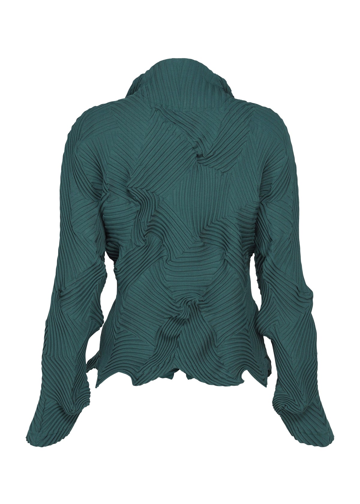 TYPE-P 003-1 by A-POC ABLE ISSEY MIYAKE is a teal long-sleeve shirt made from pleated stretch fabric, featuring an abstract, textured pleated pattern, a high collar, and uneven edges, shown on a white background. view 4 of 4