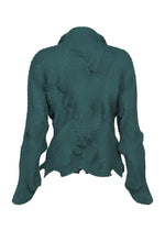 TYPE-P 003-1 by A-POC ABLE ISSEY MIYAKE is a teal long-sleeve shirt made from pleated stretch fabric, featuring an abstract, textured pleated pattern, a high collar, and uneven edges, shown on a white background.