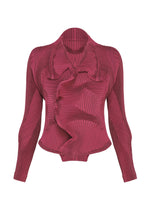 The TYPE-O 003-1 by A-POC ABLE ISSEY MIYAKE is a long-sleeve, fitted jacket in crimson red, crafted from recycled polyester. It features Steam Stretch’s distinctive wavy, geometric pleated textile and a ruffled, asymmetrical front design. - PINK （no.22）