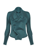 Teal, long-sleeved TYPE-O 003-1 jacket by A-POC ABLE ISSEY MIYAKE, crafted from ribbed Steam Stretch knit with an asymmetrical front ruffle and textured, wavy patterns throughout its unique recycled polyester textile. - TURQUOISE GREEN （no.60）