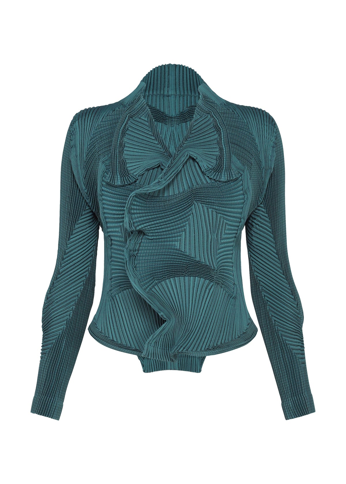 Zoomed view Teal, long-sleeved TYPE-O 003-1 jacket by A-POC ABLE ISSEY MIYAKE, crafted from ribbed Steam Stretch knit with an asymmetrical front ruffle and textured, wavy patterns throughout its unique recycled polyester textile. - TURQUOISE GREEN （no.60）