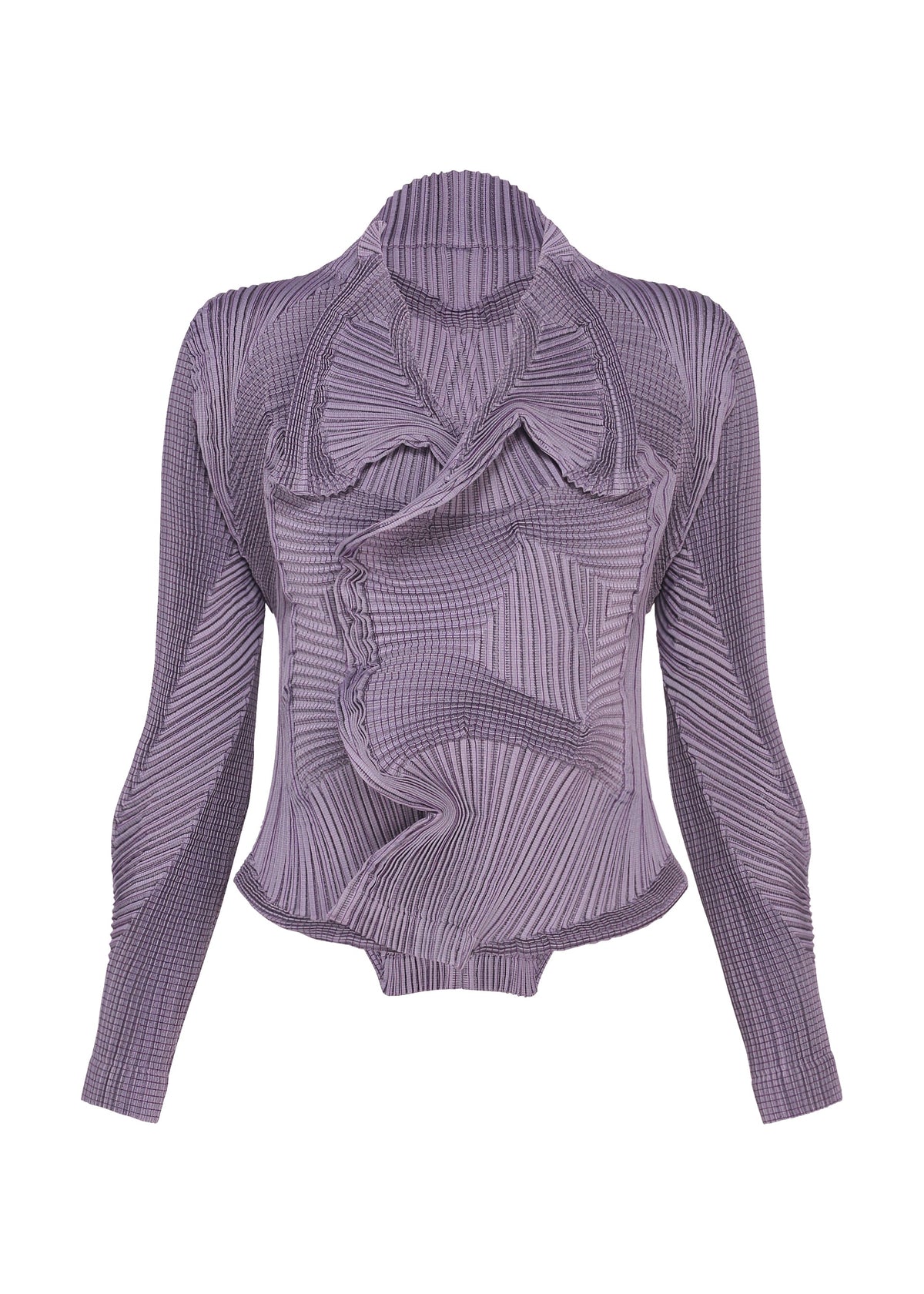 The TYPE-O 003-1 by A-POC ABLE ISSEY MIYAKE is a long-sleeve lavender top featuring a high collar and intricate, wavy pleated patterns made from an innovative textile using recycled polyester, resulting in a sculptural, textured design on the front and sleeves akin to the Steam Stretch jacket. view 3 of 8