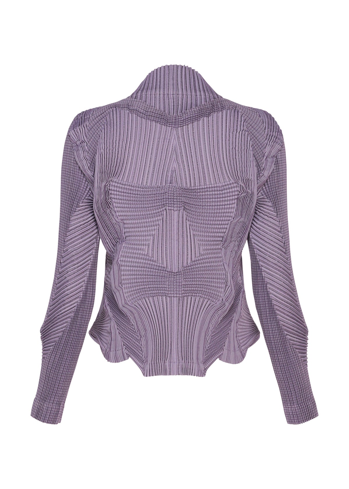Zoomed view TYPE-O 003-1 by A-POC ABLE ISSEY MIYAKE: a long-sleeve ribbed lavender top made from a unique textile, featuring geometric pleated detailing and a fitted, sculptural silhouette, shown from the back against a white background.