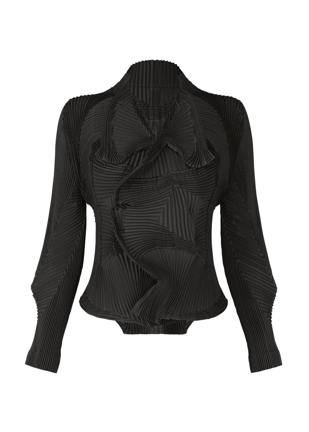 Introducing the TYPE-O 003 BK jacket by A-POC ABLE ISSEY MIYAKE: a black, long-sleeve pleated steam stretch jacket featuring a sculptural geometric design and asymmetrical front detailing, crafted from recycled polyester for a distinctive textile effect. view 1 of 3