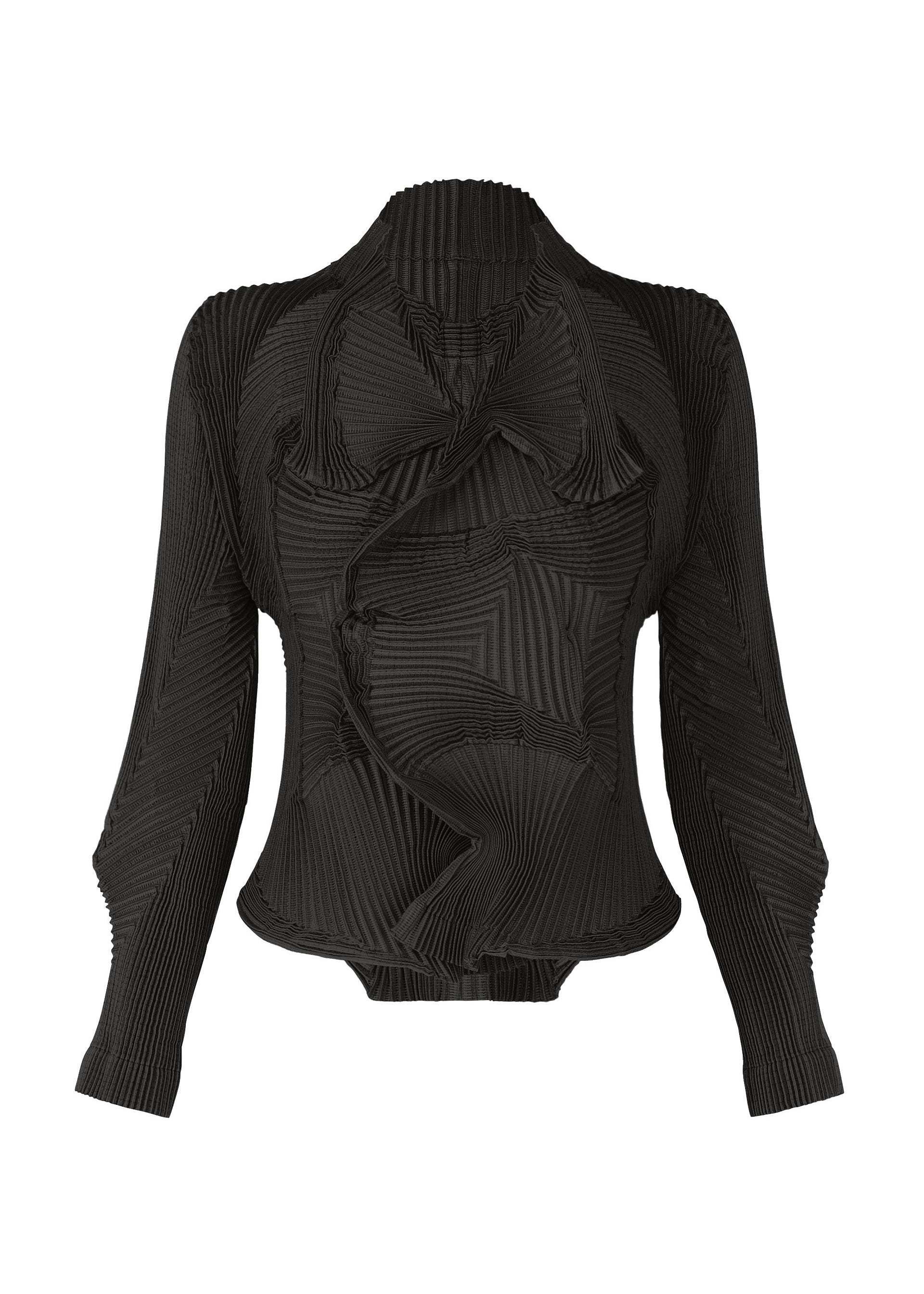 Zoomed view Introducing the TYPE-O 003 BK jacket by A-POC ABLE ISSEY MIYAKE: a black, long-sleeve pleated steam stretch jacket featuring a sculptural geometric design and asymmetrical front detailing, crafted from recycled polyester for a distinctive textile effect. - BLACK （no.15）