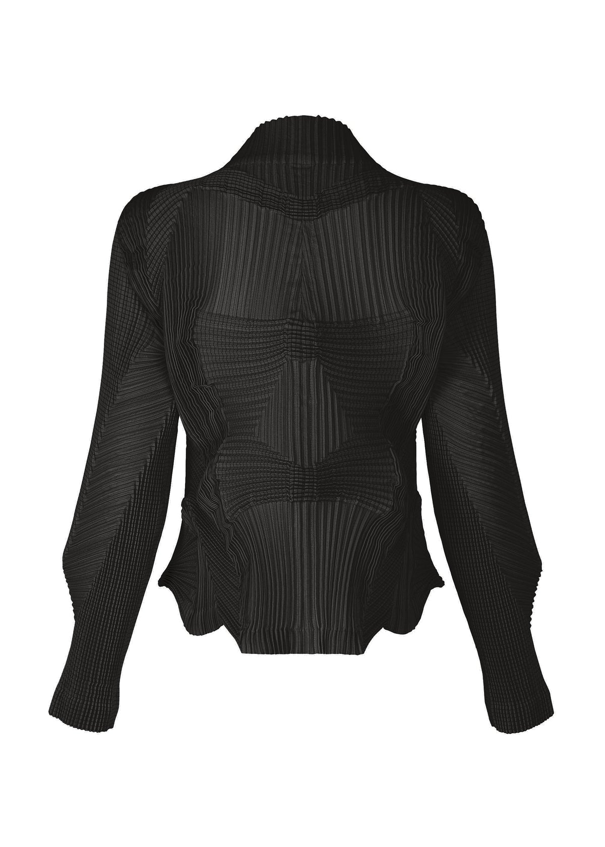 The TYPE-O 003 BK blouse by A-POC ABLE ISSEY MIYAKE—a black, long-sleeve, pleated top featuring a structured geometric design and wave-like texture, meticulously crafted from recycled polyester using unique textile techniques—is displayed on a plain white background. view 2 of 3