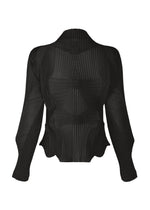 The TYPE-O 003 BK blouse by A-POC ABLE ISSEY MIYAKE—a black, long-sleeve, pleated top featuring a structured geometric design and wave-like texture, meticulously crafted from recycled polyester using unique textile techniques—is displayed on a plain white background.